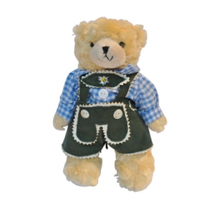 Trachtenteddy mit flauschigem Fell beige, Hemd blau kariert, 25cm